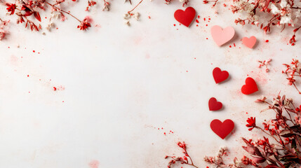 Poster - Red and pink hearts and flowers creating a frame on a white background, ideal for Valentine's Day-themed projects