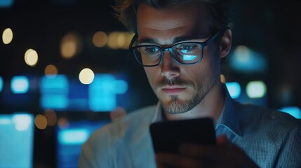 Poster - Male trader investor broker crypto analyst holding smartphone in hand analyzing stock market trading charts indexes data checking price using mobile stockmarket exchange app, over shoulder view.