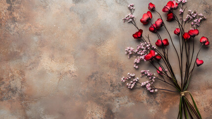 Poster - Rustic romantic bouquet featuring red, pink blooms bound with twine, nestled on vintage textured backdrop, evoking Valentine's sentiment