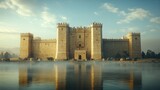 Stone castle reflected in calm water.