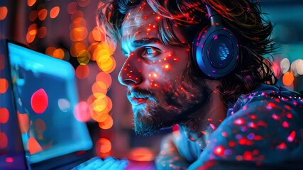 Poster - Handsome male call center worker in headphones in the office works at a computer. The concept of customer service