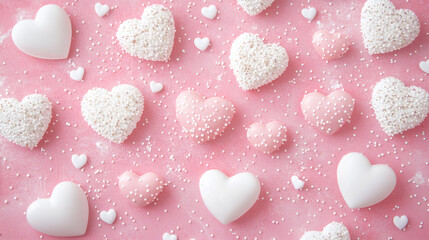 Poster - Sweet pastel heart-shaped candies and white pearls scattered on soft pink surface, conveying romantic Valentine's holiday mood