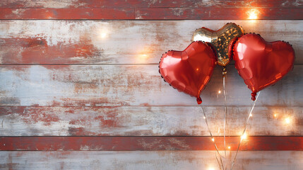 Poster - Hanging red and gold heart-shaped balloons with string lights against weathered wooden surface, evoking romantic Valentine's Day ambiance