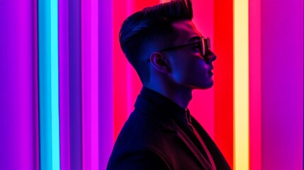 Wall Mural - Stylish Man in Profile, Illuminated by Vibrant Neon Lights