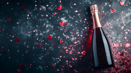Poster - Romantic couple celebrating with champagne, confetti, hearts scattered on dark valentines background