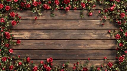 Aufkleber - Beautiful red roses creating a frame on a rustic wooden background, perfect for Valentine's Day projects and designs
