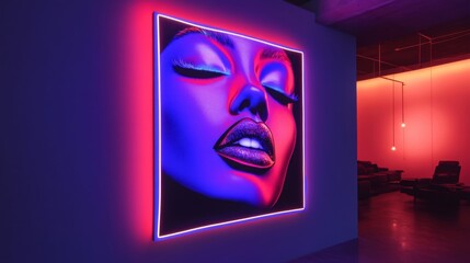 Wall Mural - Closeup Neon Portrait of a Woman's Face in a Modern Interior Setting