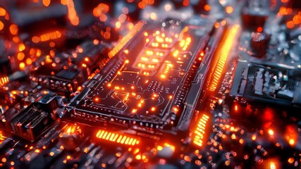 Poster - Computer futuristic boards with microchips energy chips and transistors on high tech computer abstract background. Data center, big data