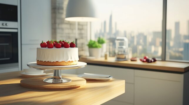 Side view on stylish, sunny kitchen area with modern white kitchen set and furniture, stylish lamp from top, wooden floor and city view from window. 3D rendering