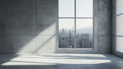 Sticker - Modern concrete coworking office interior with furniture, window with city view, daylight and empty mockup place on wall. Corporate concept. Mock up, 3D Rendering