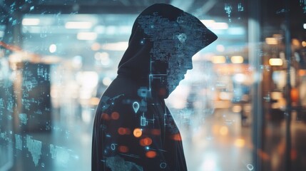 Poster - Hacker in hoodie using abstract digital padlock and map hologram on blurry office interior background. Hacking, security and global protection concept. Double exposure