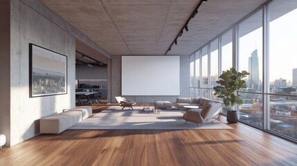 Poster - modern concrete coworking office room interior with blank white mock up frame, panoramic window and 
