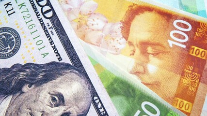 Poster - Israeli Currency Shekel and United States 100 dollars bill close up shot 4k footage, business and trade concept between two countries.