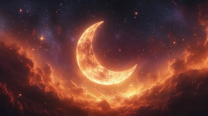 Wall Mural - Fiery crescent moon, orange clouds, starry night sky.