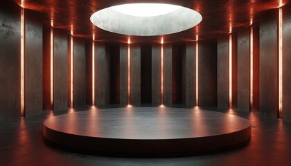 Poster - Computer Generated Image Of An Empty Room With A Circular Stage In The Middle, 3d Rendering Of A Digital Design.