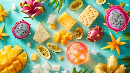 Tropical fruit, cheese, drink flatlay, teal background, food blog