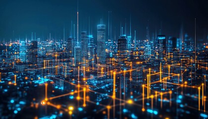 Poster - Futuristic Cyber Night Mega City Landscape With Glowing Lights And Dark Tech Reflection. Night Life And 5g Technology Network In Sci-Fi Capital.