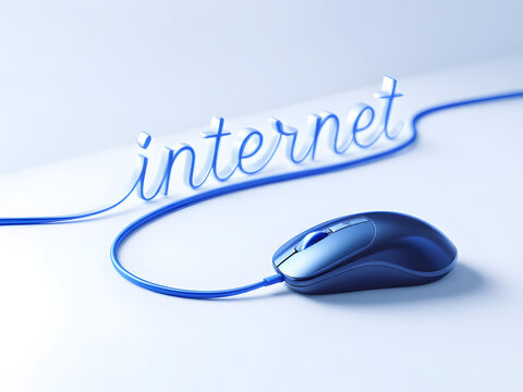 Blue mouse with internet text on white background