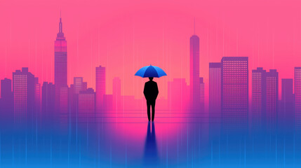 Wall Mural - sadness, A vibrant rainy cityscape painting featuring a solitary figure, showcasing high fidelity and detail in a modern artistic style.