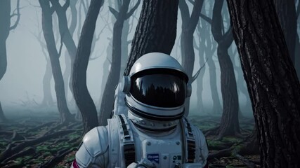 Wall Mural - lone astronaut venturing through misty, shadowy alien forest landscape, navigating mysterious extrat