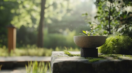 Wall Mural - Serene garden scene with small potted plant on stone surface.