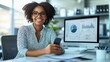 © Phoenix AI Photo - A woman checking sales metrics on her phone, sitting in a bright office with a smile, natural posture, and focus on digital success, vibrant and detailed workspace, candid capture