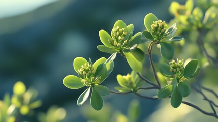 Close-up of fresh green leaves on a tree branch in sunlight