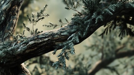 Close-up of textured tree branch with foliage in natural setting