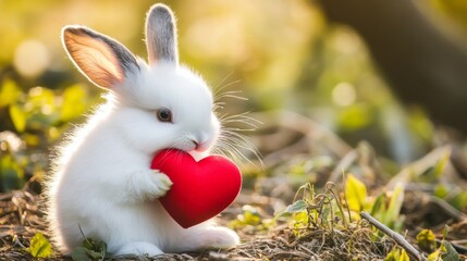 Canvas Print - Cute bunny holding red heart in sunny outdoor setting surrounded by greenery and natural light