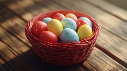 Top view of colorful easter eggs in red wicker basket for festive decor and celebration