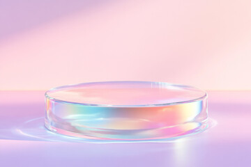 Poster - Chromatic glass podium shines with vibrant colors in a serene pastel setting