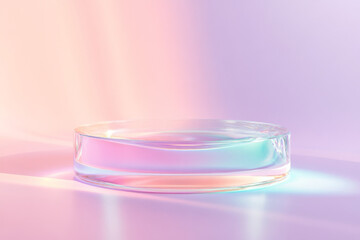 Poster - Chromatic glass podium illuminated by soft pastel colors in a serene setting