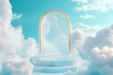 Wall Mural - Blue vector rendering showcasing a podium set in a dreamy, cloud-filled atmosphere