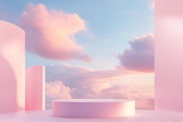Poster - Podium in a serene blue atmosphere with soft clouds and pastel pink tones in the background