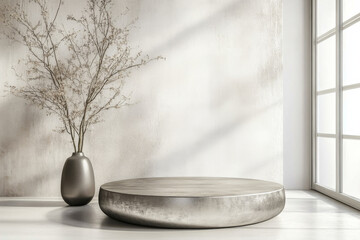 Poster - Stylish aluminum round podium with soft metallic finish in a serene interior space