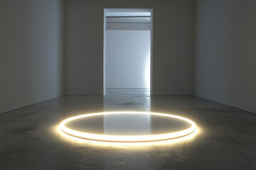 Poster - bright circular light on the ground illuminating a minimalistic interior space at dusk