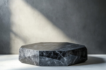 Poster - Dark granite stone podium with geometric design illuminated by natural light