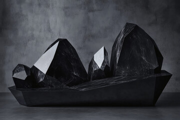 Poster - Black obsidian podium featuring sharp, angular designs set against a minimalistic background in a modern interior space