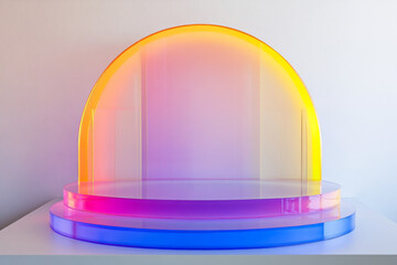 Poster - Circular translucent podium with vibrant color gradients in modern exhibition space