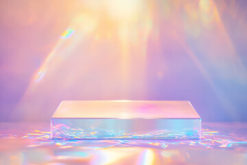 Poster - Holographic podium surrounded by soft pastel colors with radiant light in an ethereal setting