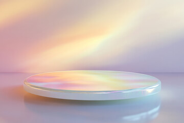 Poster - Holographic podium with soft pastel hues in a serene setting for creative presentations