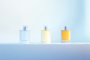 Poster - Minimalistic display of three elegant perfume bottles on a clean surface with soft light in a modern setting