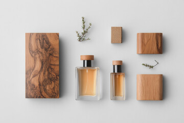 Poster - Elegant minimalistic display of perfume bottles with natural wooden elements on a clean surface