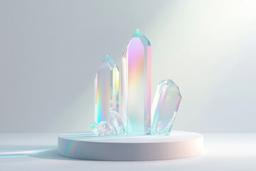 Poster - Crystal-like glass podium refracting light with vibrant colors in a minimalist display