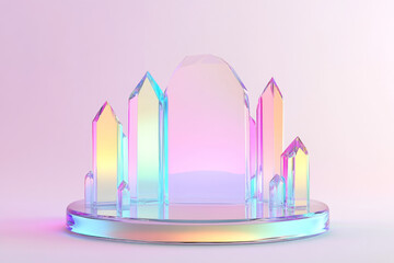 Poster - Crystal-like glass podium refracting light with vibrant colors in a minimalist setting