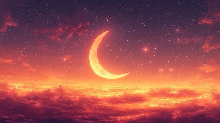 Wall Mural - Crescent moon, fiery clouds, starry night sky.