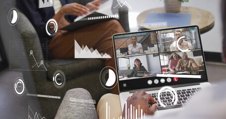 Poster - Image of data processing over diverse colleagues having image call in office