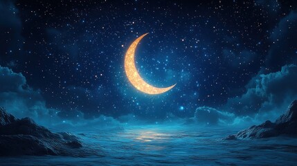 Wall Mural - Crescent moon, starry night, desolate landscape.