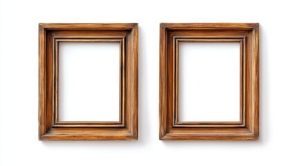 Two empty wooden picture frames on white background