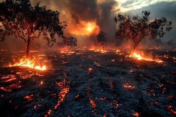 Wall Mural - Fiery wildfire consuming landscape, trees ablaze.